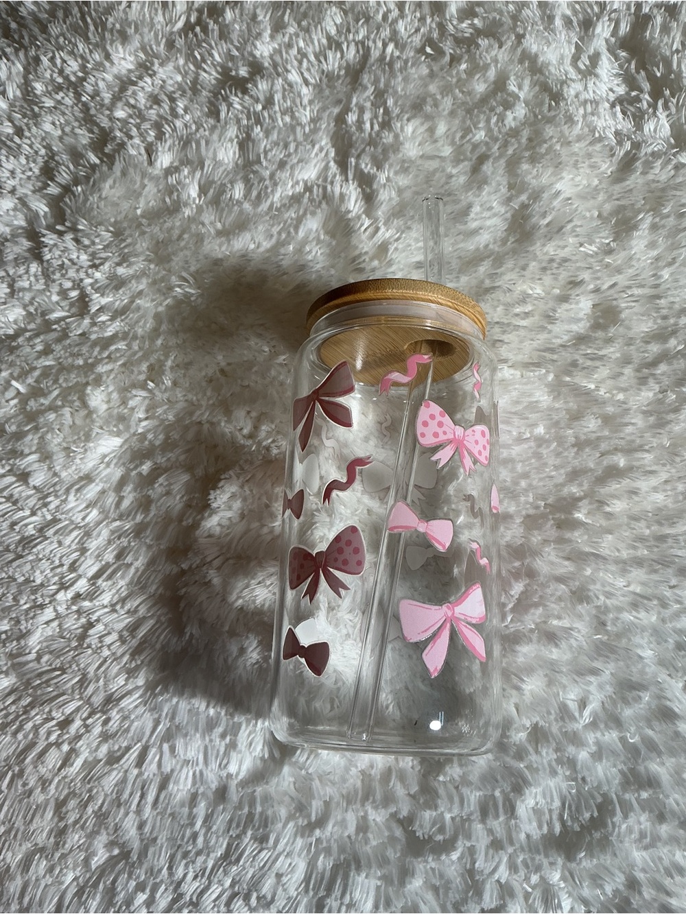 Pink Bow Pattern Kids Straw Bottle with Wooden Lid